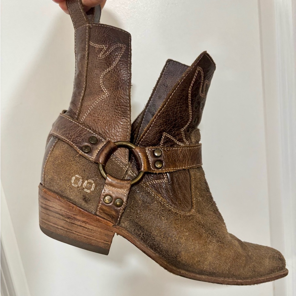 Bed Stu “Canada” Brown Suede & Leather Harness Western Style Ankle Boots